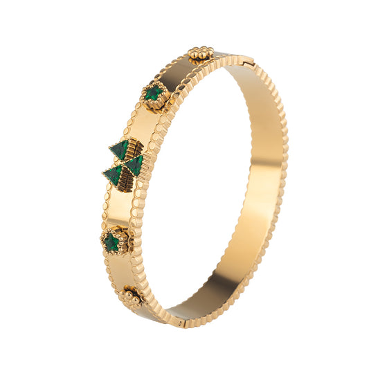 Gold Stainless Steel Bangle with Zircon - Elegant Crystal Bracelet for Women