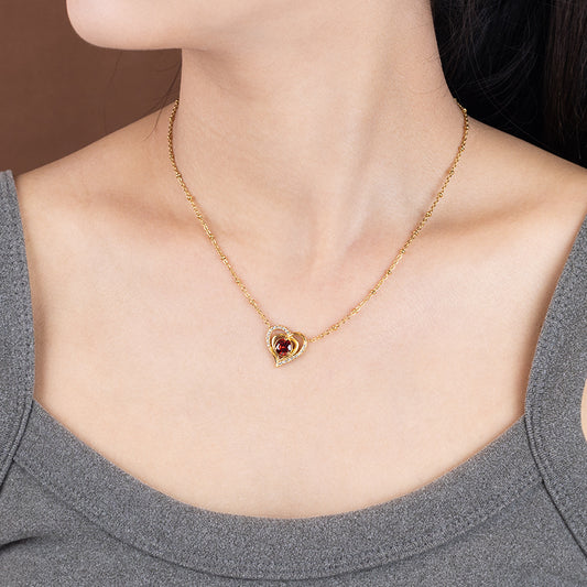 Women's Stainless Steel Heart Zircon Necklace - Gold & Silver, Red/White Zircon Options