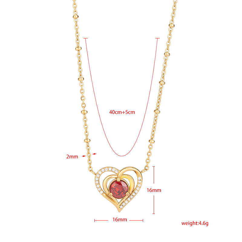 Women's Stainless Steel Heart Zircon Necklace - Gold & Silver, Red/White Zircon Options