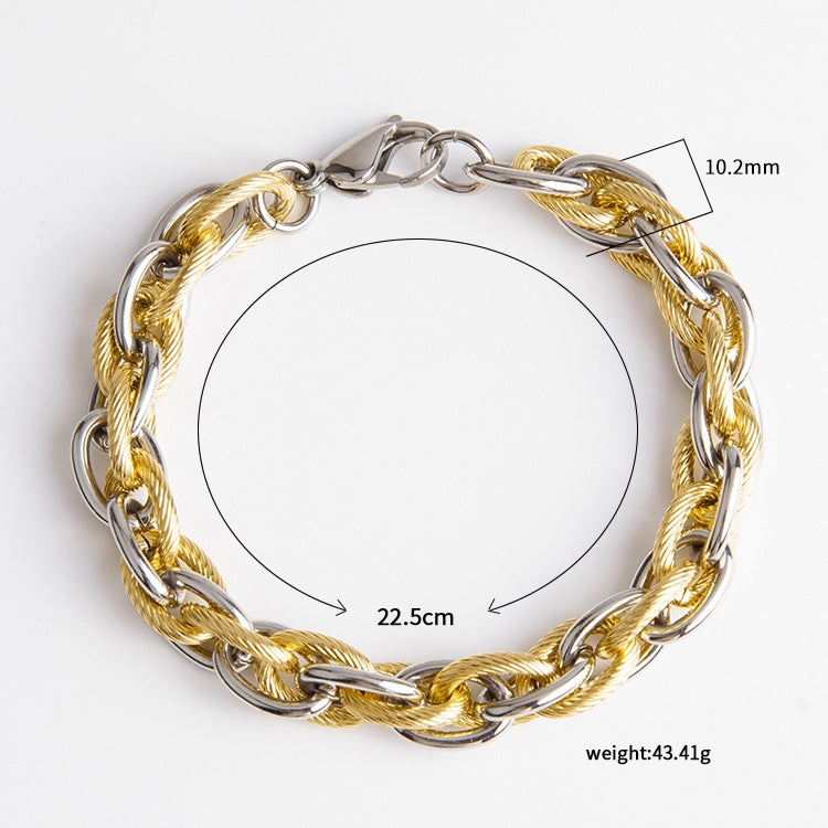 Men's Stainless Steel Twisted Chain Bracelet - Gold & Silver, 0.4" Width, 8.86" Length