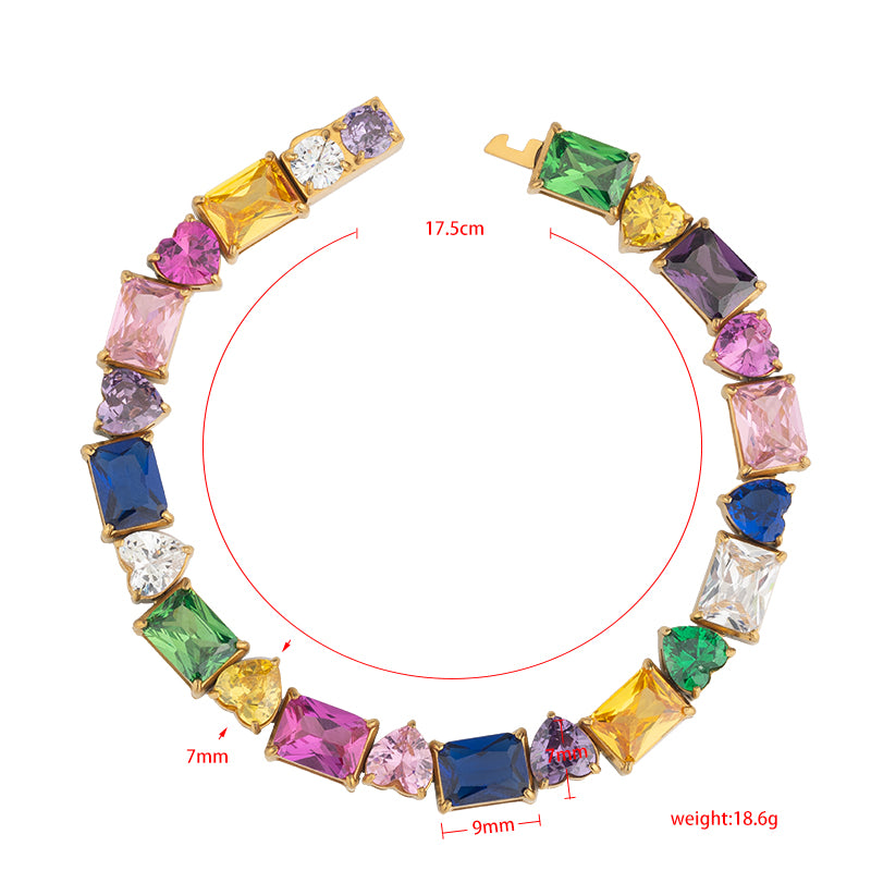 Women's Stainless Steel Rainbow Zircon Bracelet - Gold, Colorful Crystal Accents