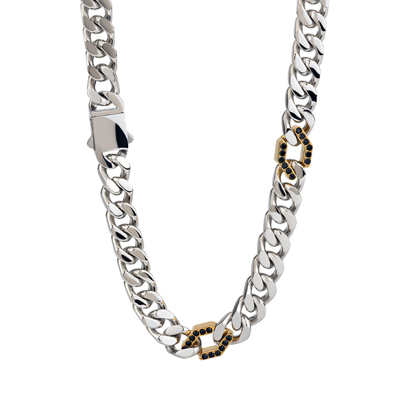 Men's Stainless Steel Cuban Link Chain Necklace - Two - Tone Combinations (Gold &amp; Black, Silver &amp; Black, etc.)