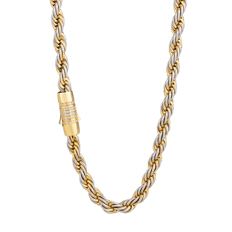 Unisex Two - Tone Stainless Steel Rope Chain Necklace with Zircon - Gold & Silver Statement Jewelry
