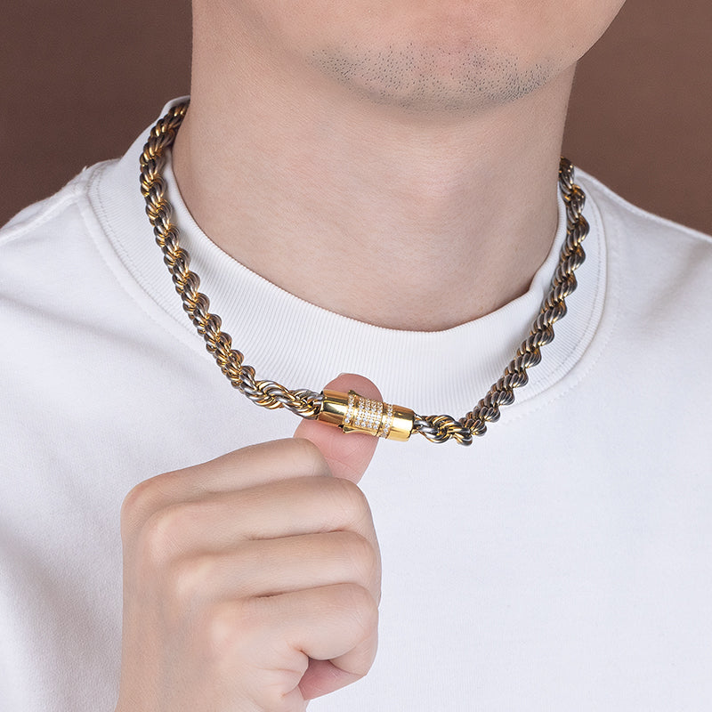 Unisex Two - Tone Stainless Steel Rope Chain Necklace with Zircon - Gold & Silver Statement Jewelry