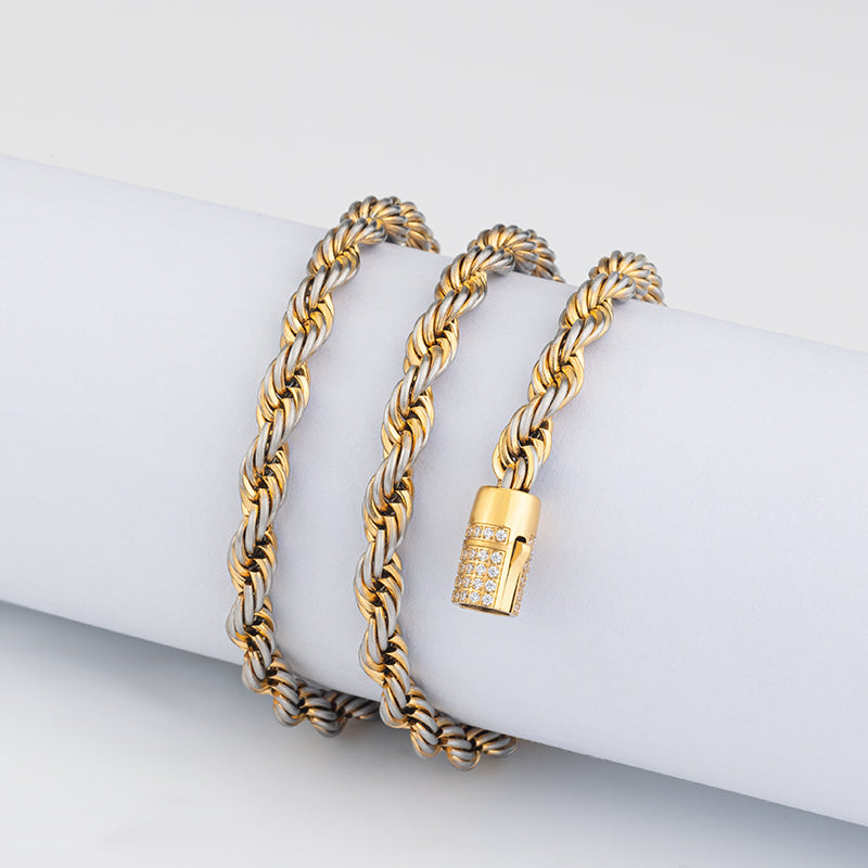 Unisex Two - Tone Stainless Steel Rope Chain Necklace with Zircon - Gold & Silver Statement Jewelry