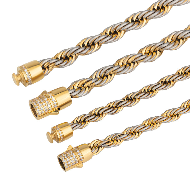 Unisex Two - Tone Stainless Steel Rope Chain Necklace with Zircon - Gold & Silver Statement Jewelry