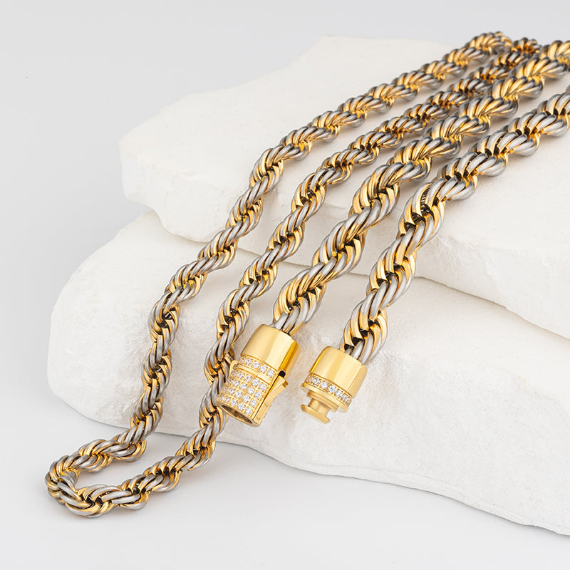 Unisex Two - Tone Stainless Steel Rope Chain Necklace with Zircon - Gold & Silver Statement Jewelry