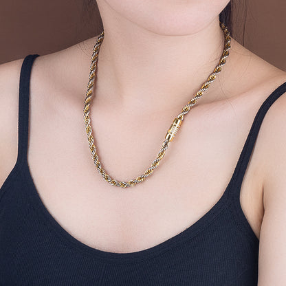 Unisex Two - Tone Stainless Steel Rope Chain Necklace with Zircon - Gold & Silver Statement Jewelry