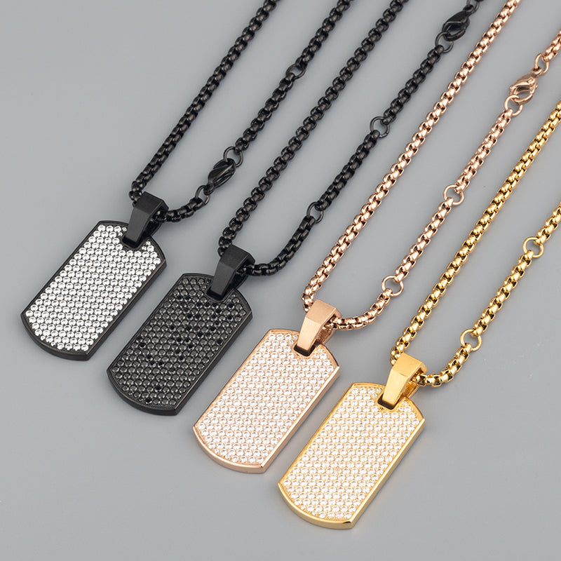 Unisex Stainless Steel Rectangular Zircon Pendant Necklace - Multiple Color Combinations