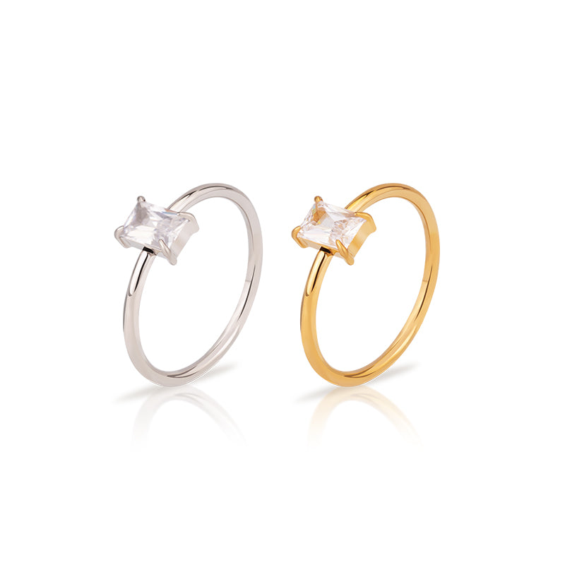 Women's Stainless Steel Square Crystal Ring - Gold & Silver