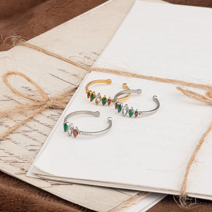 Colorful Zircon Open Ring - Stainless Steel Gold Silver Adjustable Crystal Ring for Women