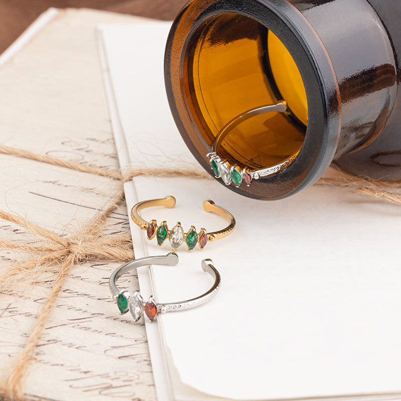 Colorful Zircon Open Ring - Stainless Steel Gold Silver Adjustable Crystal Ring for Women