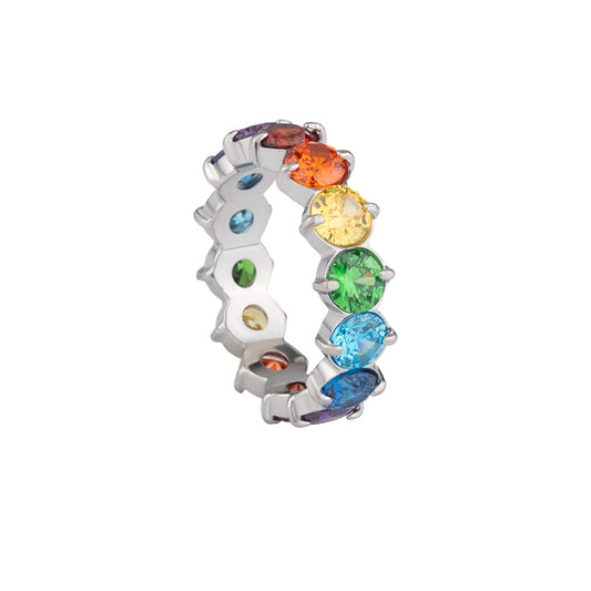 Women's Stainless Steel Rainbow Crystal Ring - Silver, Colorful Zircon Band