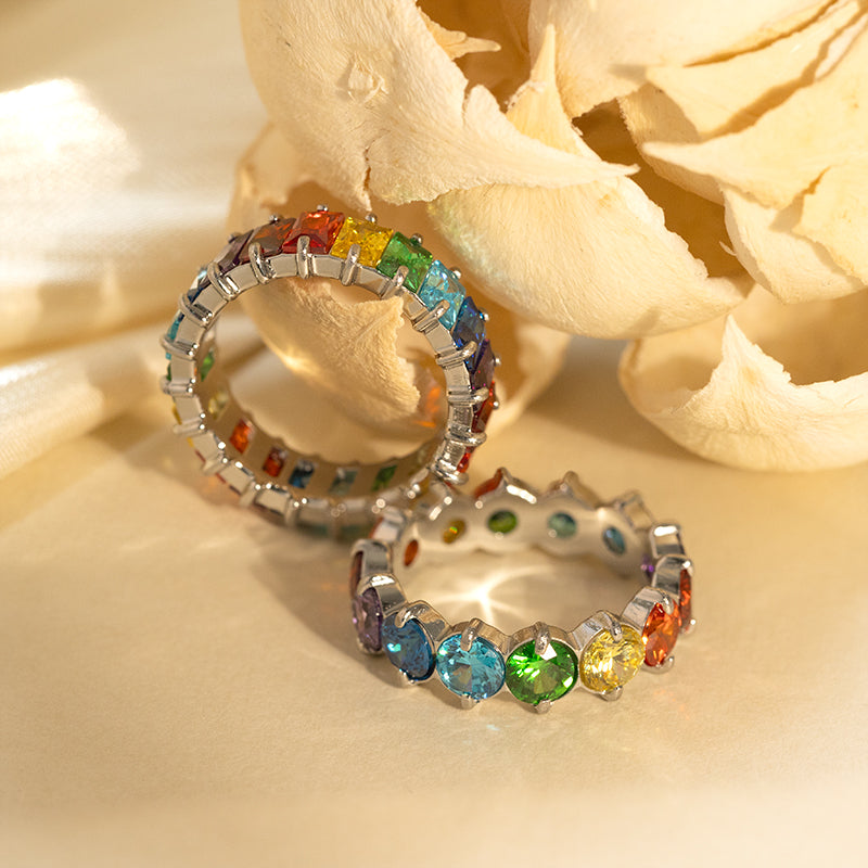 Women's Stainless Steel Rainbow Zircon Ring - Silver, Colorful Crystal Band