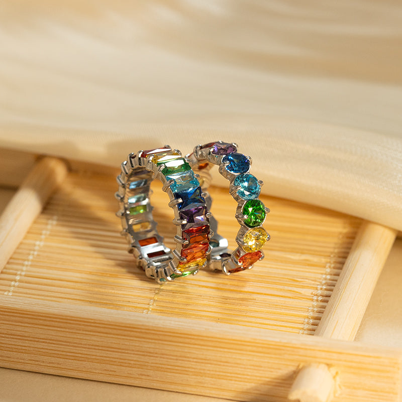 Women's Stainless Steel Rainbow Crystal Ring - Silver, Colorful Zircon Band