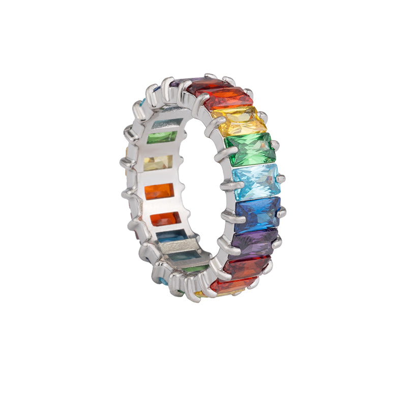 Women's Stainless Steel Rainbow Zircon Ring - Silver, Colorful Crystal Band
