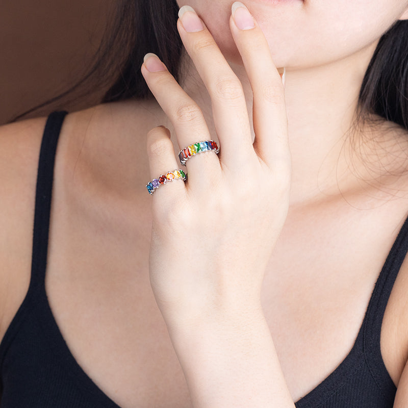 Women's Stainless Steel Rainbow Crystal Ring - Silver, Colorful Zircon Band