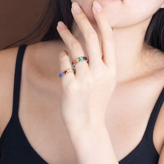 Women's Stainless Steel Rainbow Zircon Ring - Silver, Colorful Crystal Band