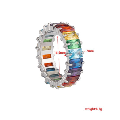 Women's Stainless Steel Rainbow Zircon Ring - Silver, Colorful Crystal Band