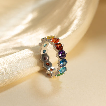 Women's Stainless Steel Rainbow Crystal Ring - Silver, Colorful Zircon Band
