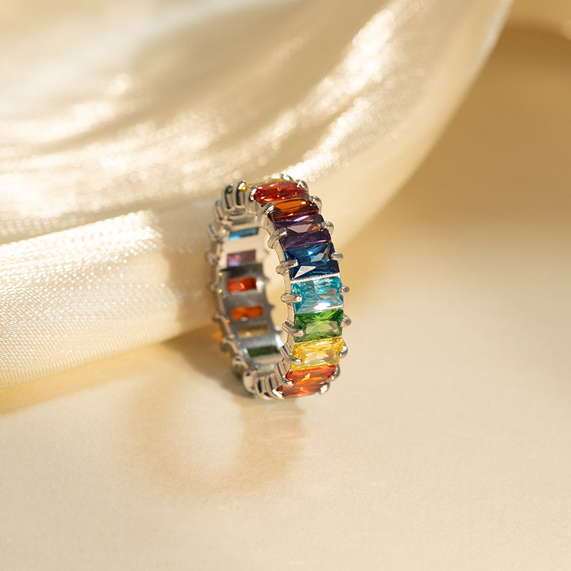 Women's Stainless Steel Rainbow Zircon Ring - Silver, Colorful Crystal Band