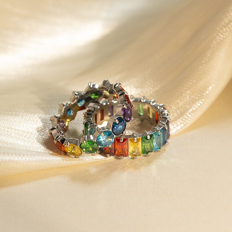 Women's Stainless Steel Rainbow Zircon Ring - Silver, Colorful Crystal Band