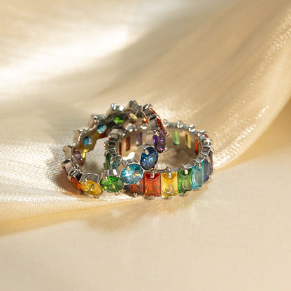 Women's Stainless Steel Rainbow Zircon Ring - Silver, Colorful Crystal Band