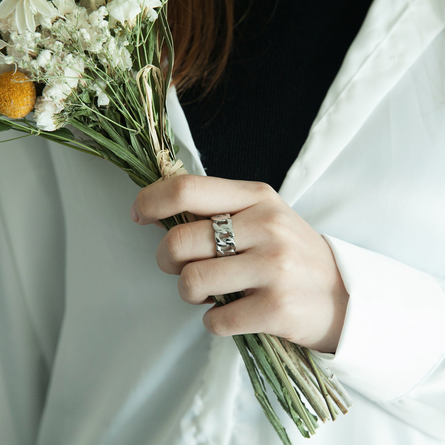 Women's Stainless Steel Chain Link Open Ring - Gold & Silver