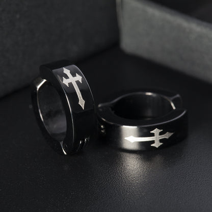 Women's Stainless Steel Cross Design Huggie Ear Cuffs - Black & Silver