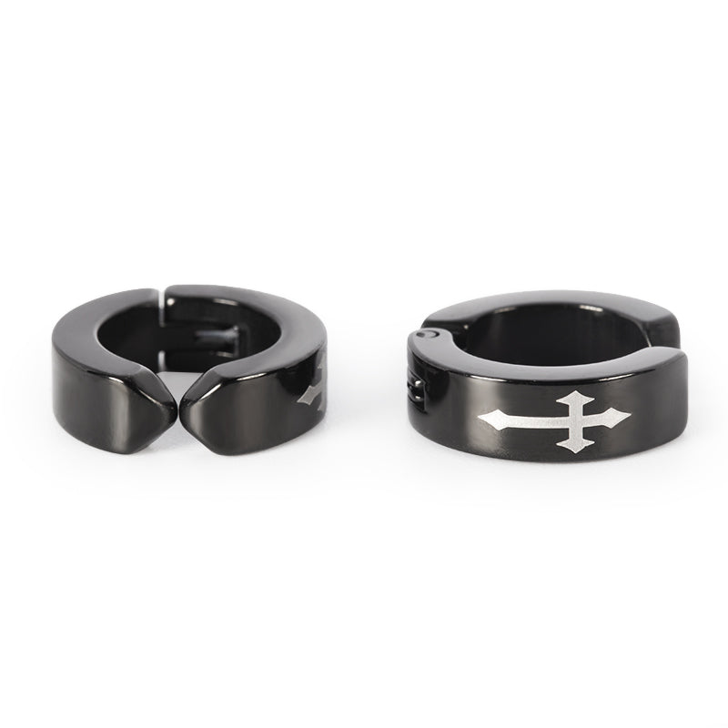 Women's Stainless Steel Cross Design Huggie Ear Cuffs - Black & Silver