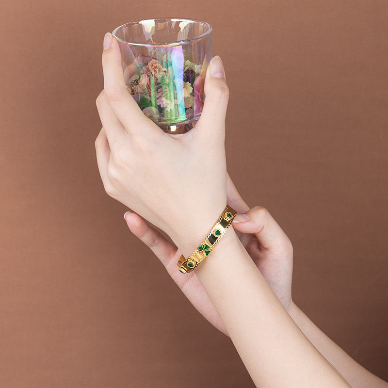 Gold Stainless Steel Bangle with Zircon - Elegant Crystal Bracelet for Women