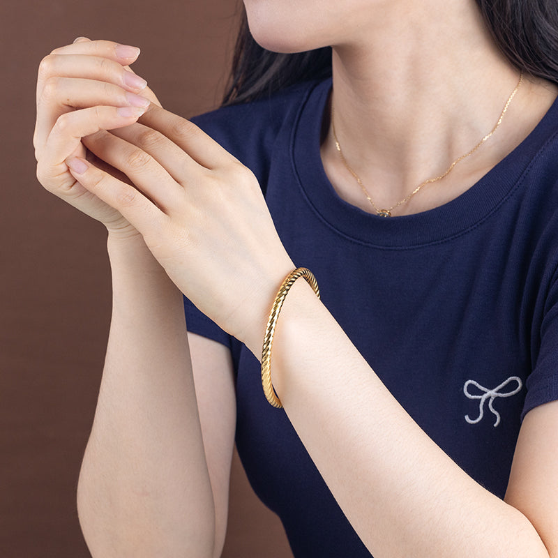 Twisted Stainless Steel Bangle with Zircon - Gold & Silver Crystal Bracelet for Women