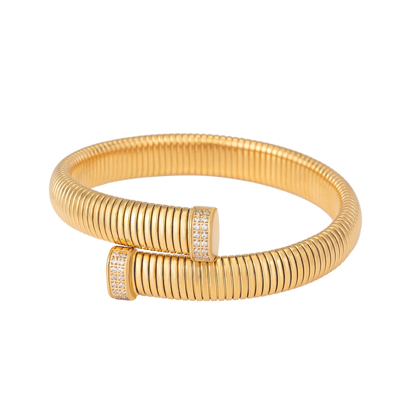 Women's Stainless Steel Textured Cuff Bracelet - Gold & Silver with Crystal Accents