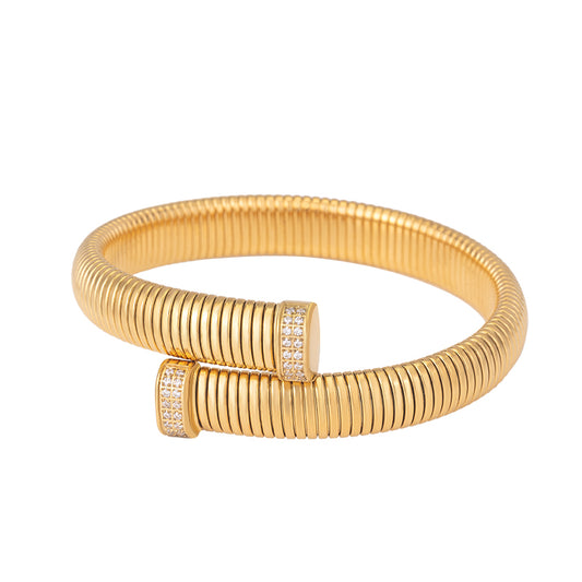 Women's Stainless Steel Textured Cuff Bracelet - Gold & Silver with Crystal Accents