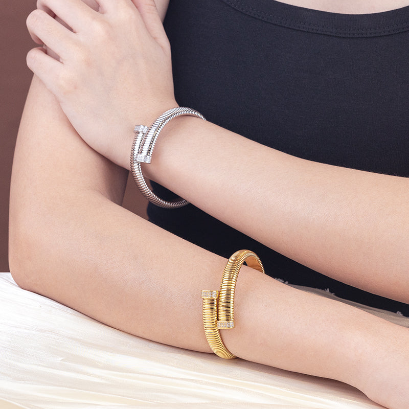 Women's Stainless Steel Textured Cuff Bracelet - Gold & Silver with Crystal Accents