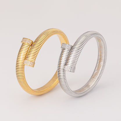 Women's Stainless Steel Textured Cuff Bracelet - Gold & Silver with Crystal Accents