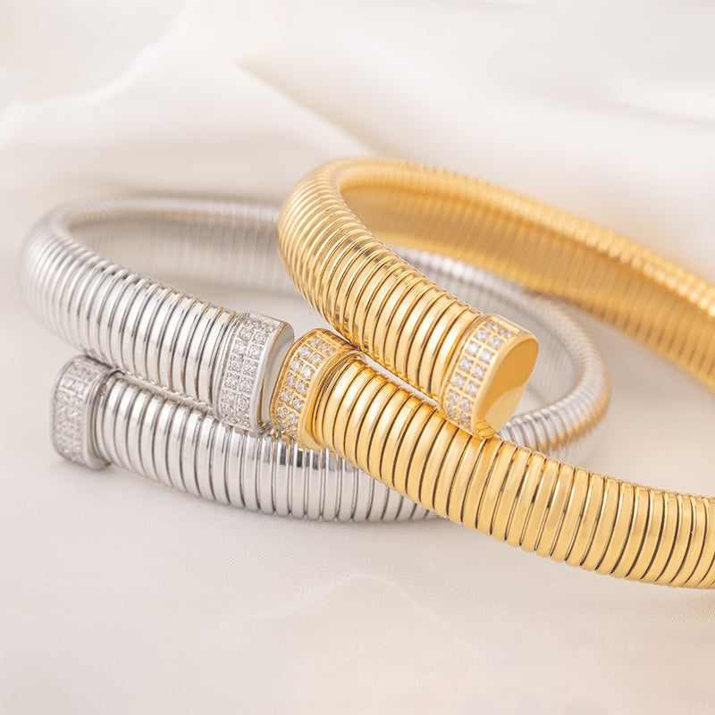 Women's Stainless Steel Textured Cuff Bracelet - Gold & Silver with Crystal Accents