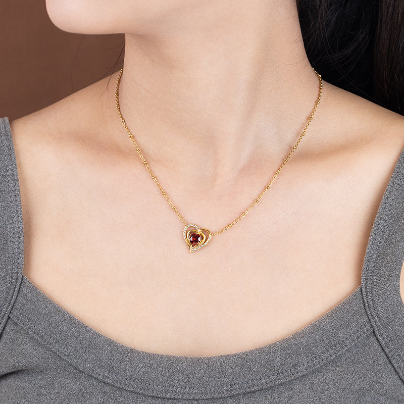 Women's Stainless Steel Heart Zircon Necklace - Gold & Silver, Red/White Zircon Options