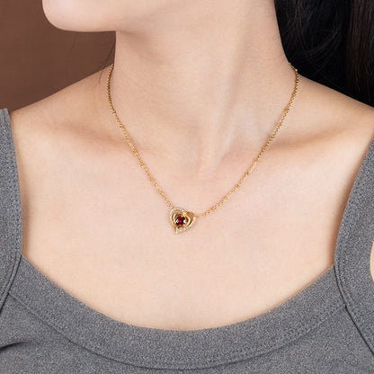Women's Stainless Steel Heart Zircon Necklace - Gold & Silver, Red/White Zircon Options