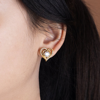 Women's Stainless Steel Heart Zircon Stud Earrings - Gold & Silver, Red/White Zircon Options