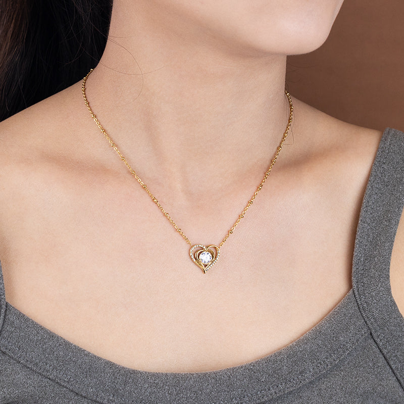 Women's Stainless Steel Heart Zircon Necklace - Gold & Silver, Red/White Zircon Options
