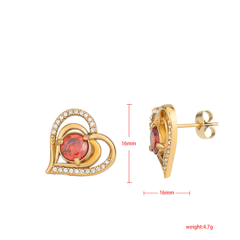 Women's Stainless Steel Heart Zircon Stud Earrings - Gold & Silver, Red/White Zircon Options
