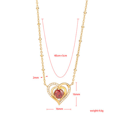 Women's Stainless Steel Heart Zircon Necklace - Gold & Silver, Red/White Zircon Options
