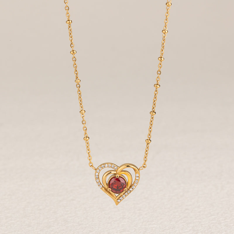 Women's Stainless Steel Heart Zircon Necklace - Gold & Silver, Red/White Zircon Options
