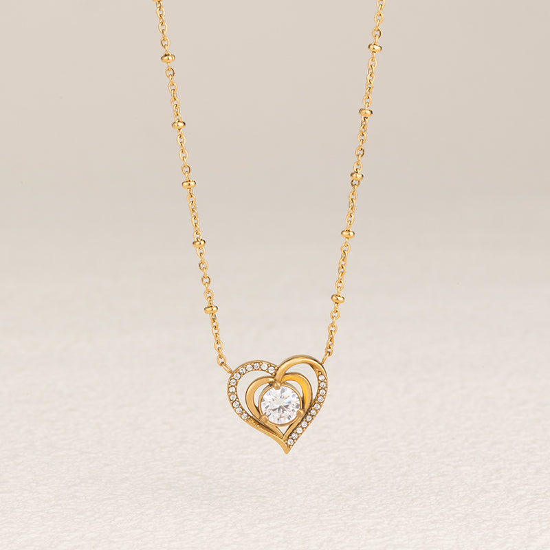 Women's Stainless Steel Heart Zircon Necklace - Gold & Silver, Red/White Zircon Options