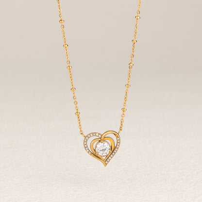 Women's Stainless Steel Heart Zircon Necklace - Gold & Silver, Red/White Zircon Options