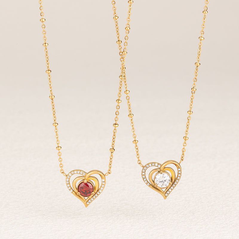 Women's Stainless Steel Heart Zircon Necklace - Gold & Silver, Red/White Zircon Options