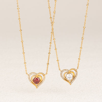 Women's Stainless Steel Heart Zircon Necklace - Gold & Silver, Red/White Zircon Options