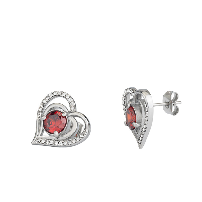Women's Stainless Steel Heart Zircon Stud Earrings - Gold & Silver, Red/White Zircon Options