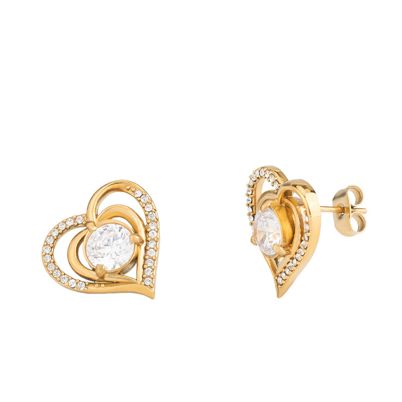 Women's Stainless Steel Heart Zircon Stud Earrings - Gold & Silver, Red/White Zircon Options